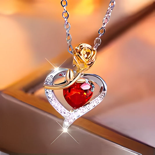 Collar Rosa Corazón + Caja de Cuero Azul 🌹❤️💙✨🎁