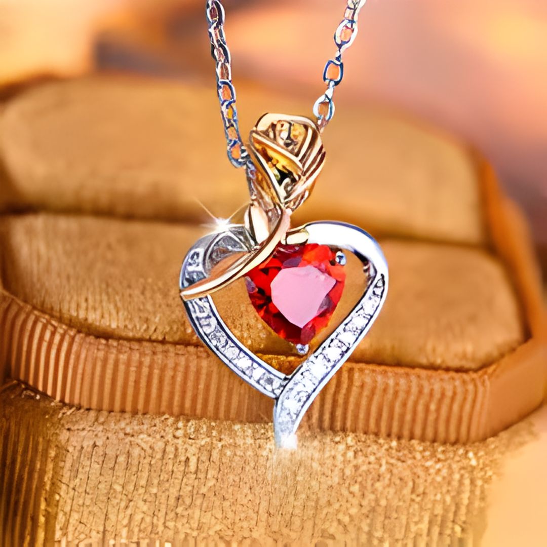 Collar Rosa Corazón + Caja de Cuero Azul 🌹❤️💙✨🎁