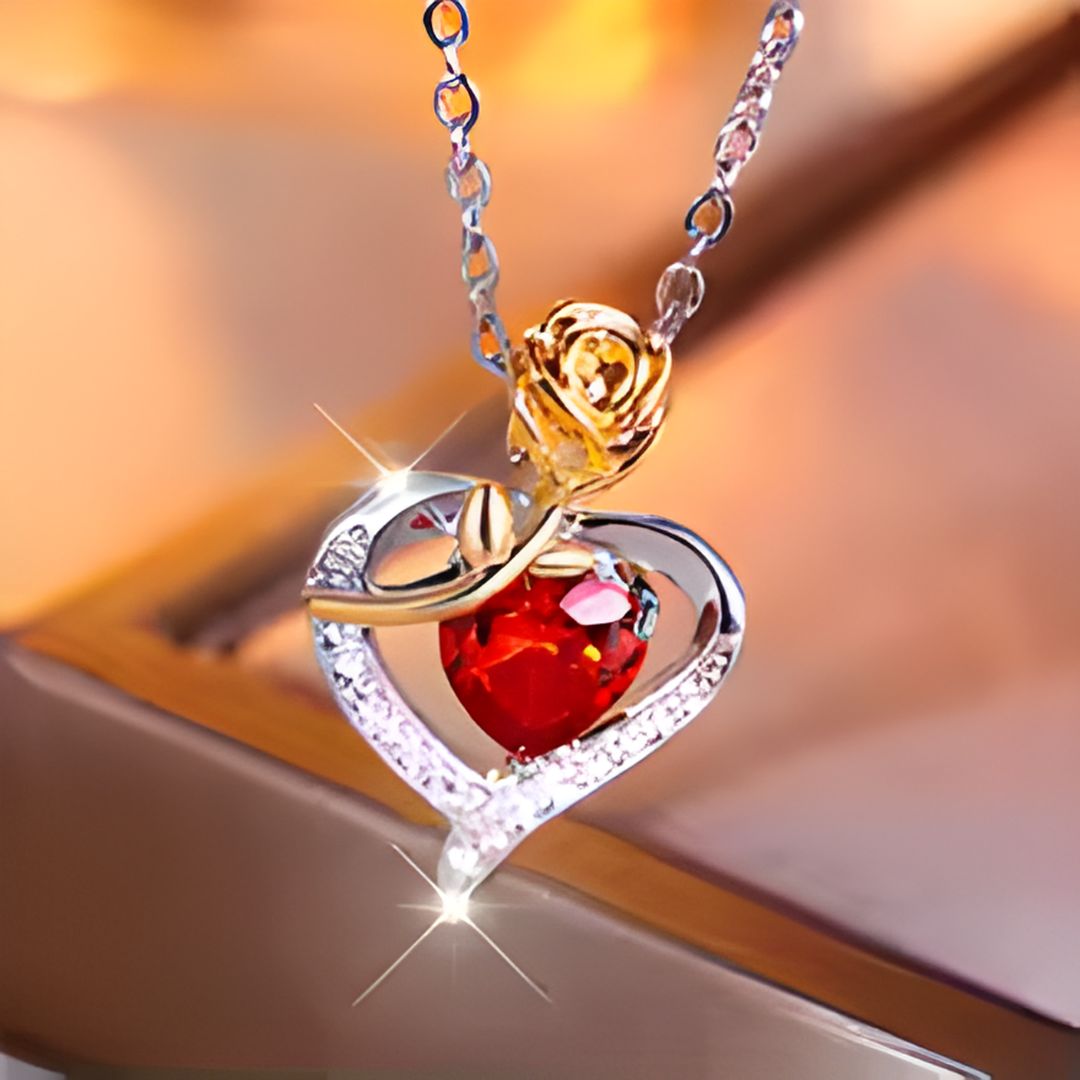 Collar Rosa Corazón + Caja de Cuero Azul 🌹❤️💙✨🎁