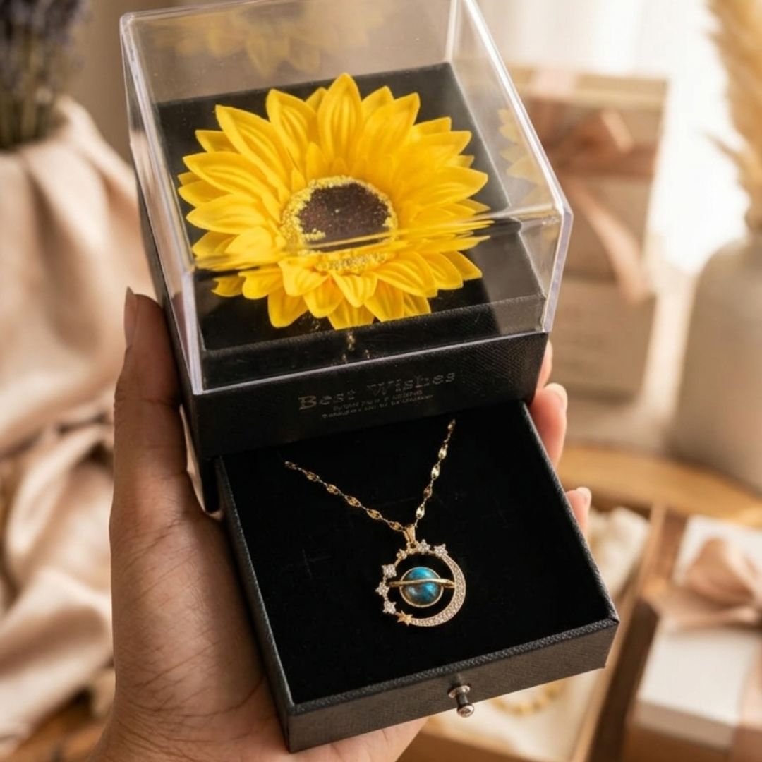 Collar Saturno + Caja Girasol 🪐🌻✨